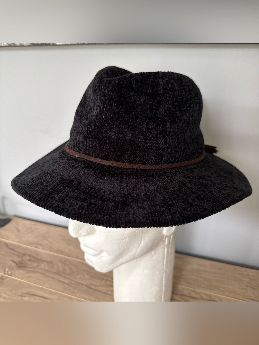 Altar'd State Western Chenille Velour Black Braided Rope Hat Fedora Crushable OS